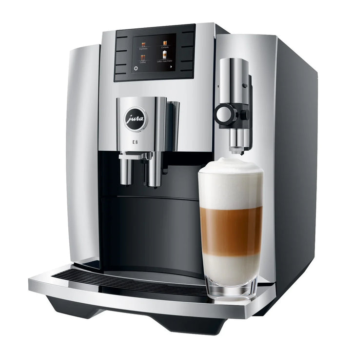 Jura E8 - Automatic espresso machine with milk container, cooler, and stainless steel milk tube