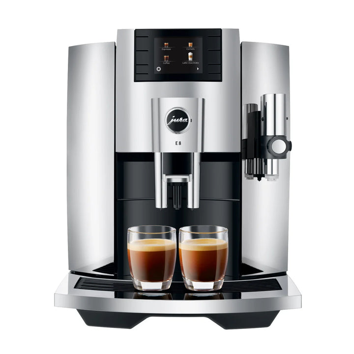 Jura E8 - Automatic espresso machine with milk container, cooler, and stainless steel milk tube