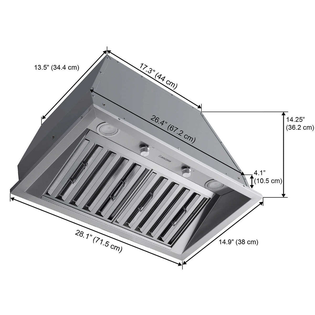 Ancona - Stainless steel ducted range hood, 600 CFM maximum